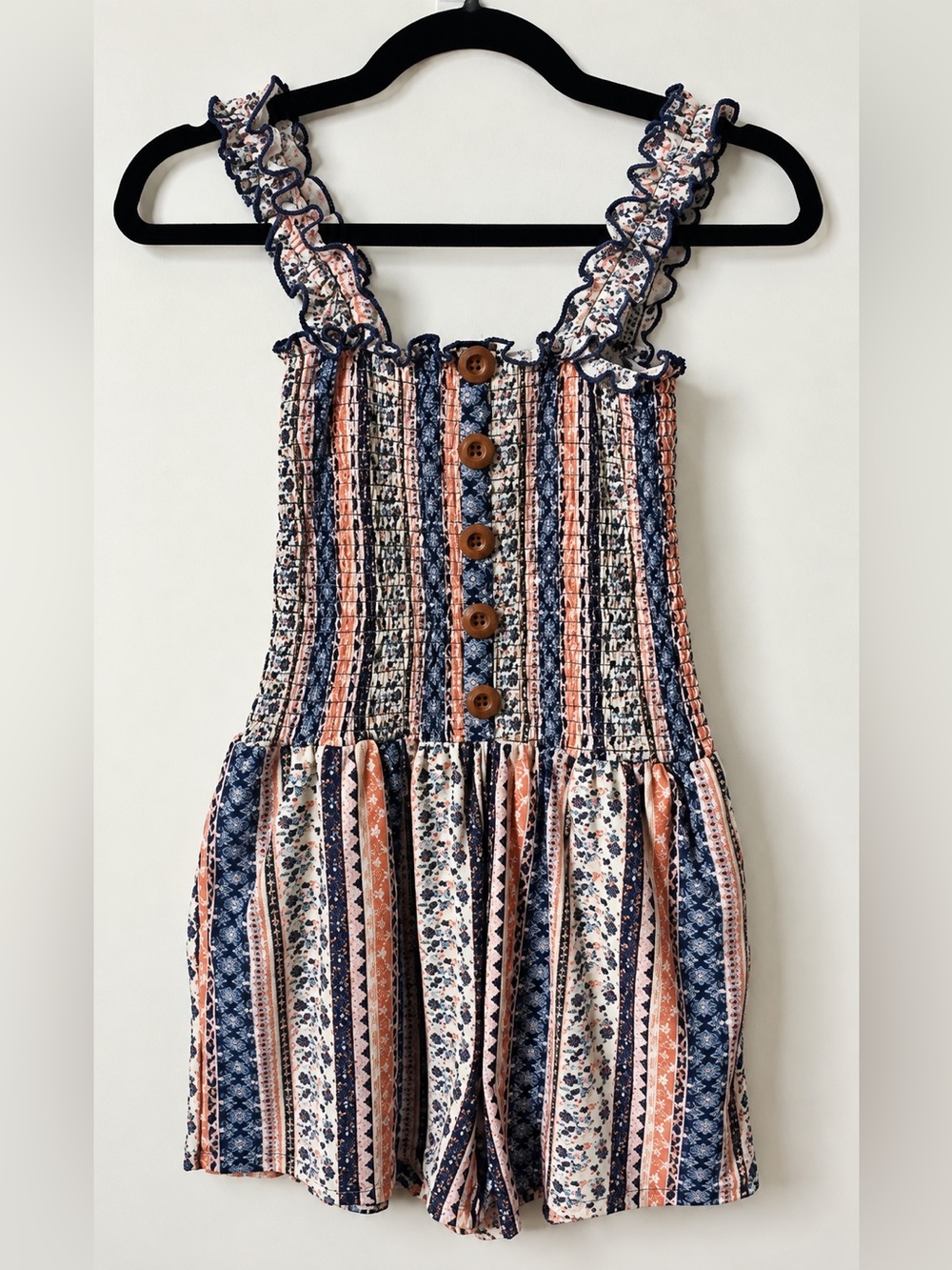 J for Justify Floral Bohemian-print Smoked-bodice Romper Small
